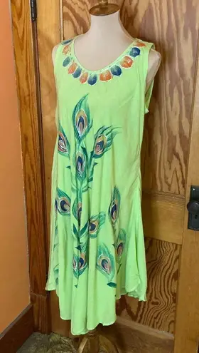 Vtg Y2K embroidered peacock feathers summer dress Green Size L