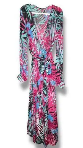 ACEVOG Floral Tropical Sheer Maxi Long Sleeve Dress XXL Blue