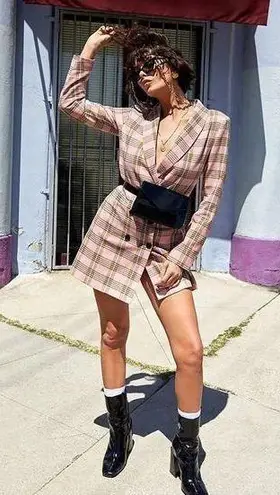 Nasty Gal  Blazer Dress Size 8 Plaid Decisions Menswear Style Pink Yellow Button