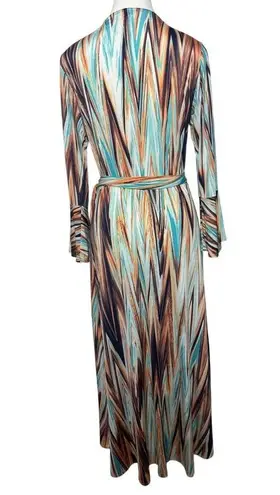 Veronica M Dress Women L ZigZag Orange Blue Wrap Style Bell Sleeve Stretch Party