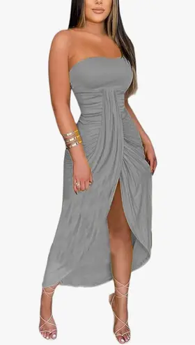 UNBRANDED Gray Strapless Slit Skirt Dress With Cropped Hem Size L