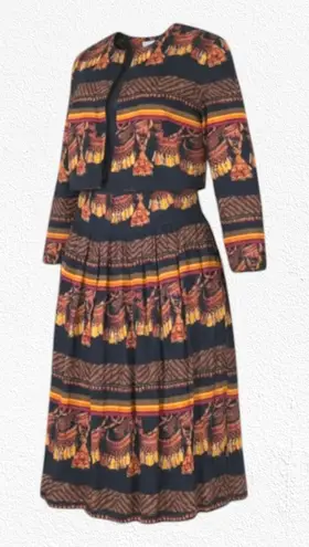 1980s Vintage Orange Black Retro Tapestry Crop Blazer Skirt 2 Piece Set Size 12