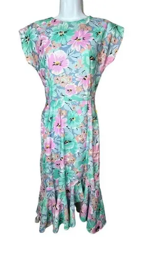 Vintage Avon Teal Pink Floral V Back Midi Dress With Mermaid Ruffle Bottom Hem Size 8
