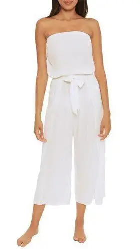 Becca Strapless Crinkled Wide Leg Jumpsuit in White Size S NWT