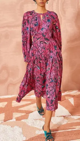 Ulla Johnson Helia Ruched Print Cotton Midi Dress Pink Snapdragon Size 2 Cut Out