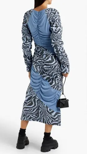 Ganni Ahluwalia X Collab Midi Dress Blue Ruched Animal Print Zebra Stripes 44 XL