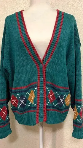 62 East Vintage 80s Teal Retro Knit Sweater Cardigan Multiple Size M