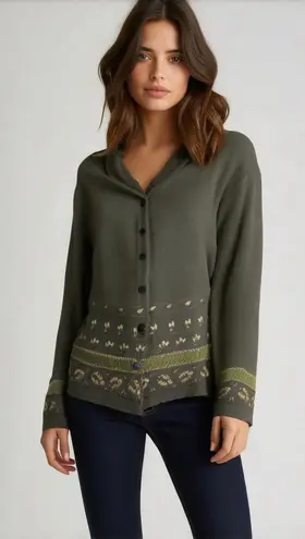 Herman Geist VTG Cardigan Sweater Woman's Large Green Knit Wool Embroidered