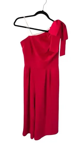 Gal Meets Glam Red Carmen One Shoulder Bow Wide Leg Jumpsuit
