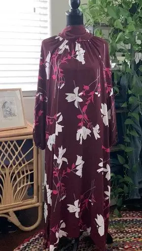 Prologue The Raglan Maroon Boho Floral High Neck 3/4 Sleeve Midi Dress - Small