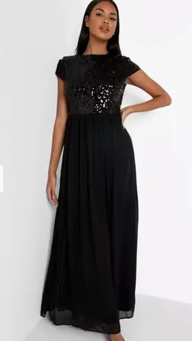 Boohoo  Black Sequin Chiffon Cap Sleeve Formal Maxi Dress, NEW Size 10 MSRP $129