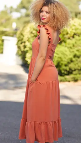 Comfy And Ready Reilly Ruffle Maxi Dress Size Small In Apricot