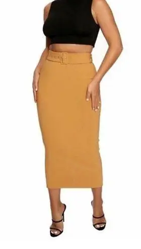 Naked Wardrobe Midi Skirt Small Tan High Waisted Pencil Straight Skirt No Belt