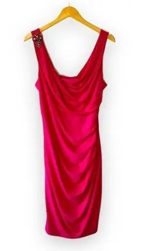 David Meister  Hot Pink Body Con Dress Size 10 beaded Shoulder Barbiecore Barbie