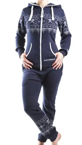 Unichill Nordic Navy Fair Isle Sweatshirt One Piece Jumpsuit Onesie Unisex Sz S Blue