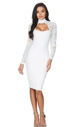 Nookie  Lady Lace Long Sleeve White Midi Dress Formal Bodycon Sexy Night Out NWT