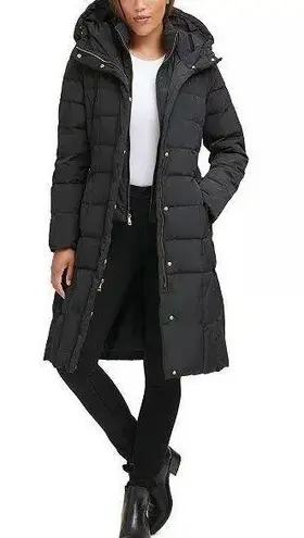 Cole Haan Women's Black Knee Length Hooded Quilted Down Coat Jacket