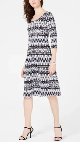 Ny Collection Geo-Patterned 3/4-Sleeve Jersey Dress NWT Medium Petite
