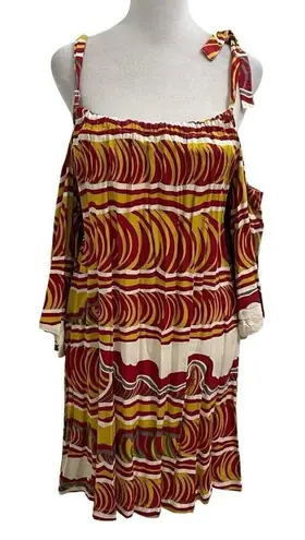 Manuheali'i Hawaiian Cold Shoulder Abstract Swing Dress Red Yellow size XL