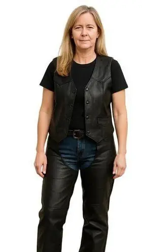 Boutique Genuine Leather Black Motorcycle Chaps Moto Adjustable Buckle Straps Size S