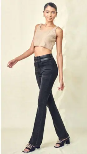 KanCan Jovi High Rise Bootcut Jeans Leather Accent Flare Western Womens 27 Gray Black