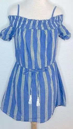 Hint of Blush A Mini Dress Blue white cap sleeves