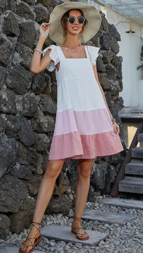 Source Unknown Flowy White Pink and Blush Tiered Mini Dress with Ruffle Sleeves Size Lb by - Image 1