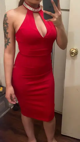 Oboe Small Red Backless Knee Length Bodycon Keyhole Neck Rhinestone Halter Dress