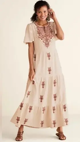 Soft Surroundings Bellmore Gauze Cream Tiered Embroidered Maxi Dress Size Large