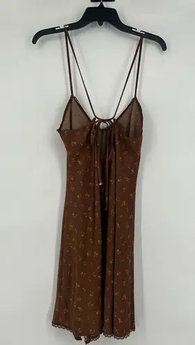 Wild Fable  Cherry Print Slip Dress Brown Satin Strappy Back Sleeveless Slit Sz M