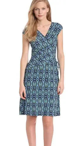 Evan Picone Pattern Faux Wrap Midi Dress Blue Teal Black Size 10