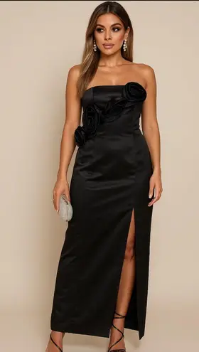 Calvin Klein Y2K Black Strapless Evening Gown Rosette Slit Red Carpet Dress 6