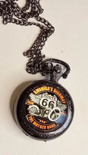 Route 66 Pocket Watch Quartz Movement With Chain Necklace Black Vintage Style Size 40