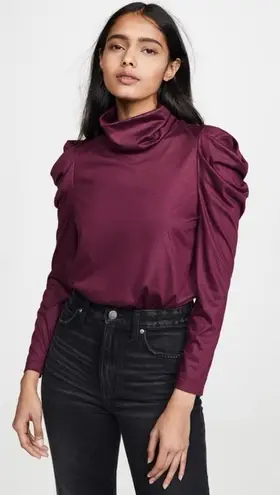Enza Costa Small Long Sleeve Turtleneck Burgundy Puff Shoulder Ruched Fall Basic Red