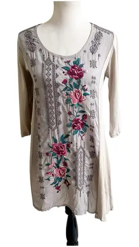 Johnny Was Mishka Rose Floral Embroidered Tunic Top Pink Size Small