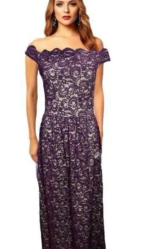 Boutique Yellow Star Womens Plum Lace Nude Maxi Off Shoulder Dress Size M USA MADE