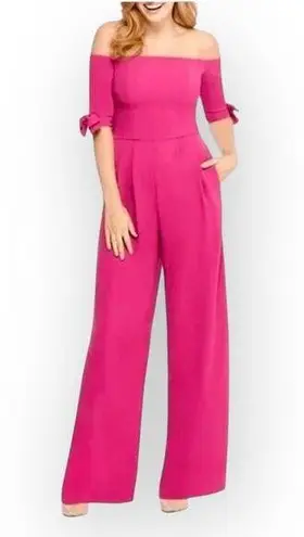 Gal Meets Glam Meredith Jumpsuit Women's Size 0P Pink Bow Off Shoulder Wide Leg