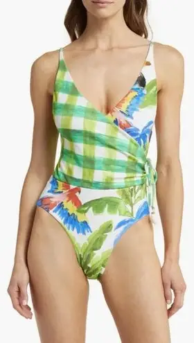 Farm Rio Tropical Fresh Faux Wrap One-Piece Swimsuit, Size large, $195