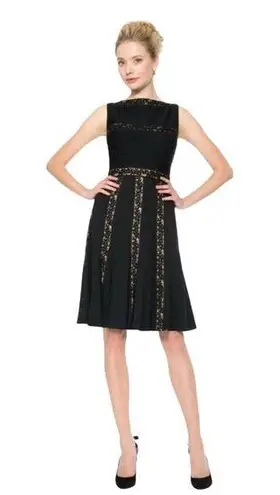 Tadashi Shoji Black Pintuck Jersey and Lace Dress