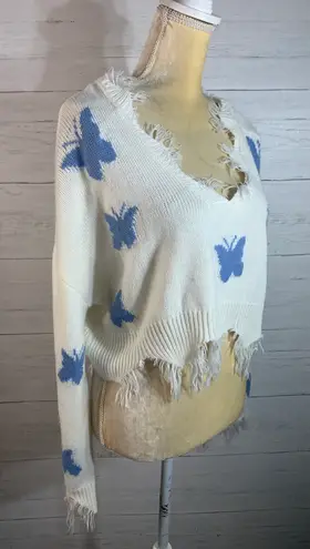 Just Polly Butterfly Frayed Cropped Sweater Cute Soft Size L