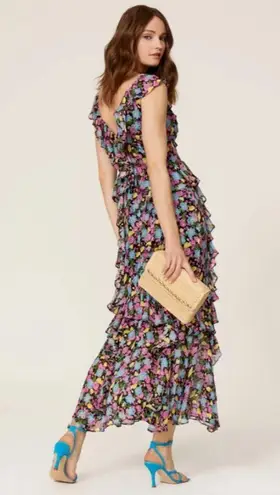 Amur EVITA Multicolor Floral Silk Chiffon Ruffle Maxi Dress Size 16 Blue