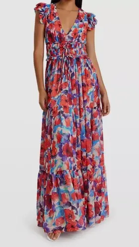 PatBO Violet V Neck Flutter Sleeve Maxi Dress in Size 0 NWT Cherry Maxi Ties New Red