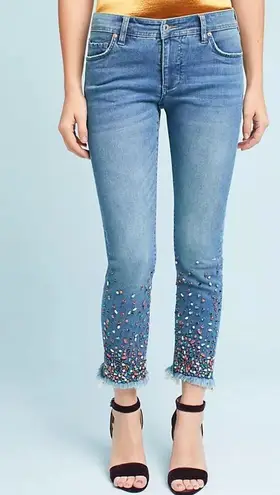 Pilcro and the Letterpress Embellished Pilcro Mid-Rise Slim Straight Jeans | Size 30 | Wearable Art