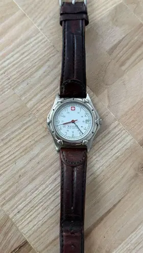 Wenger S.A.K. Edition Watch Stainless Case White Dial Brown Leather Date Window Silver