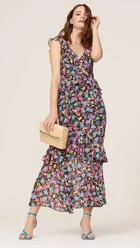 Amur Evita Maxi Black Anemone Floral Long Maxi Dress 100% Silk Gown Size 12