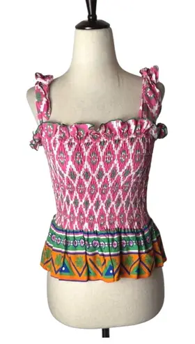 Feather & Find Shirt Women XS Pink Geometric Shiva Boho Luxe Smocked Tie Strap
