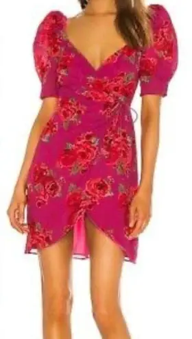 LPA Araceli Floral Puff Sleeve Wrap Mini Dress In Pink Size SMALL. B40