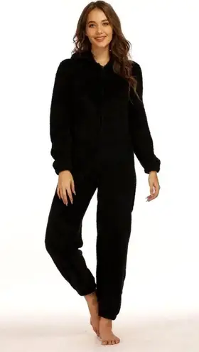 Zip Up Hooded Teddy Jumpsuit with Ears Black