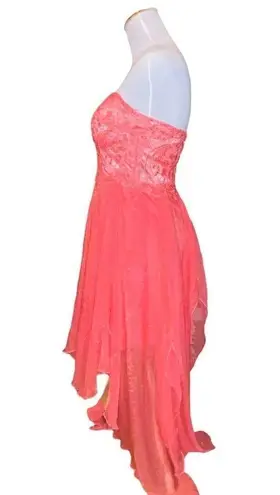 Daisy  FORMALS CORAL PINK HIGH LOW CHIFFON LACE STRAPLESS SWEETHEART DRESS SMALL