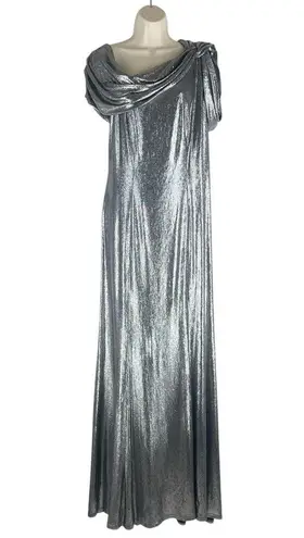 Tadashi Shoji Copley Shoulder Drape Lame Gown Silver Steel Size XL